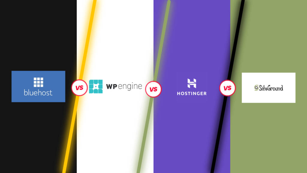 Comparison of web hosting providers in 2024: Hostinger, SiteGround, WP Engine, Bluehost